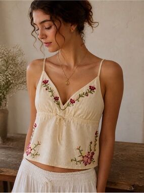 🌿 Cottagecore Embroidered Floral Cami | Anthro-Inspired Tie Front Tank